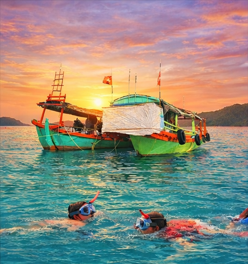 Traditional Green Taxi Boat On The Turquoise Water Of Saracen Bay.